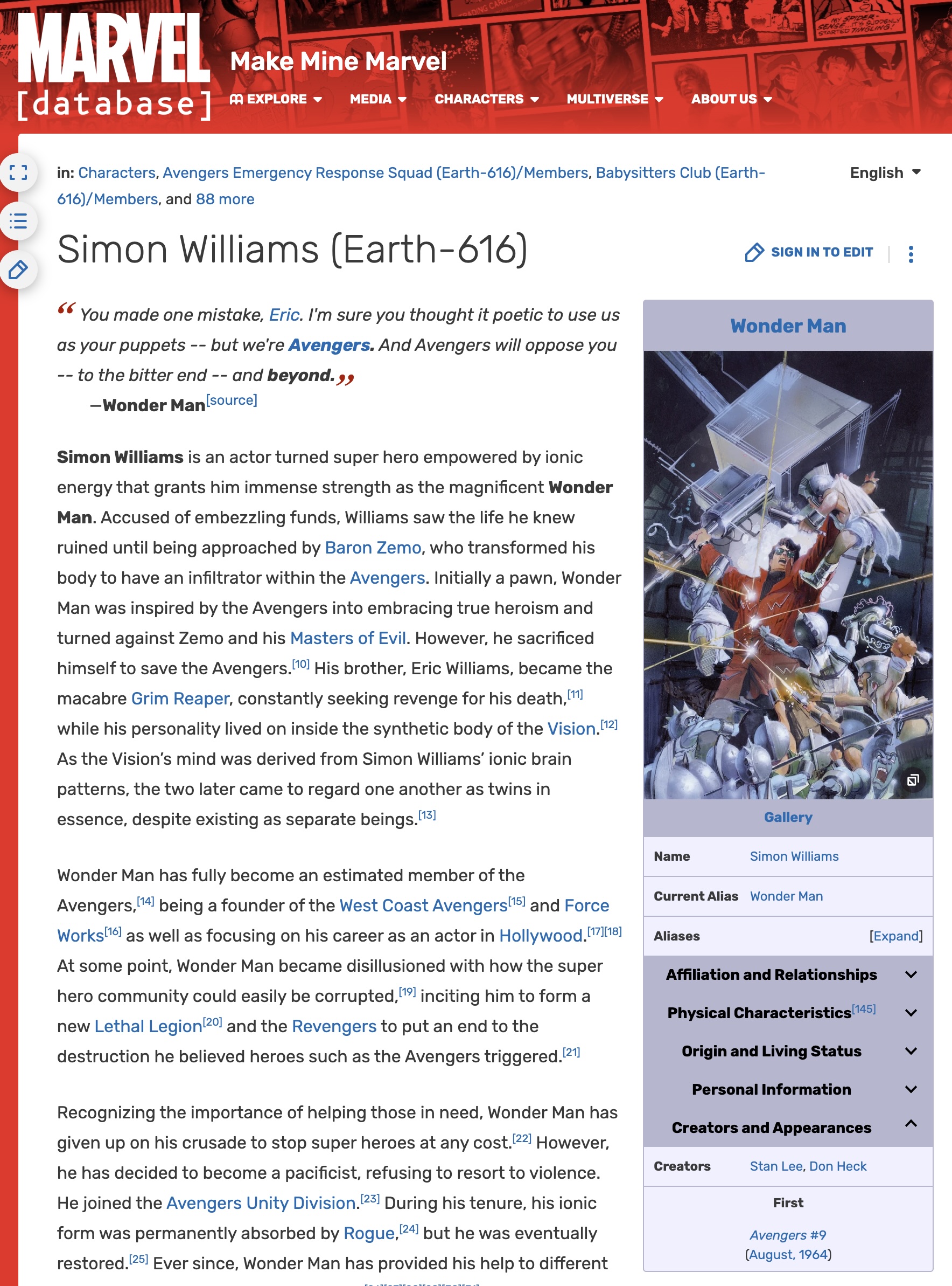 The Wonder Man wiki entry — 144 outlinks positioning a single character in a web of relationships